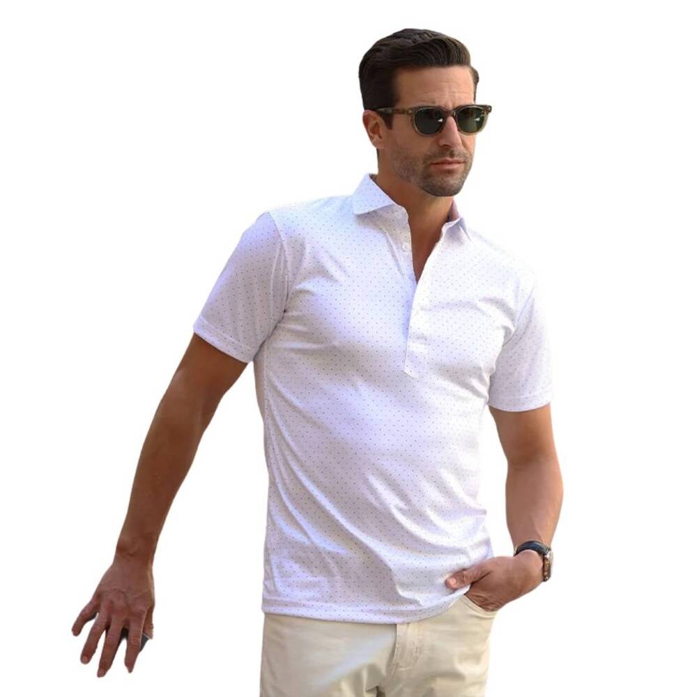 COLLARS & CO Mens Semi Spread Button Collar Polo Navy Polka Dot White NWT Medium